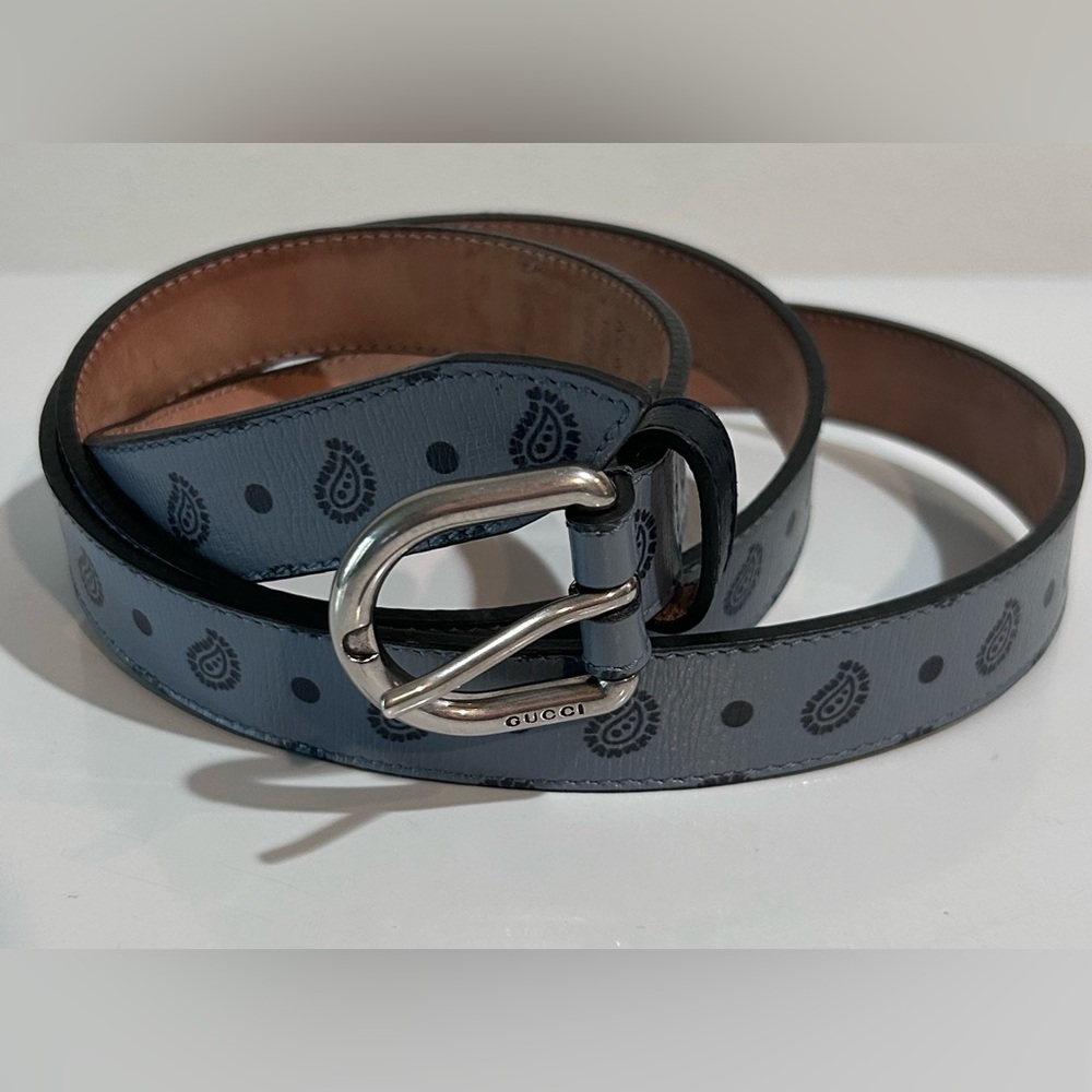Gucci Blue Leather Paisley Print Belt 105/42 Made in Italy